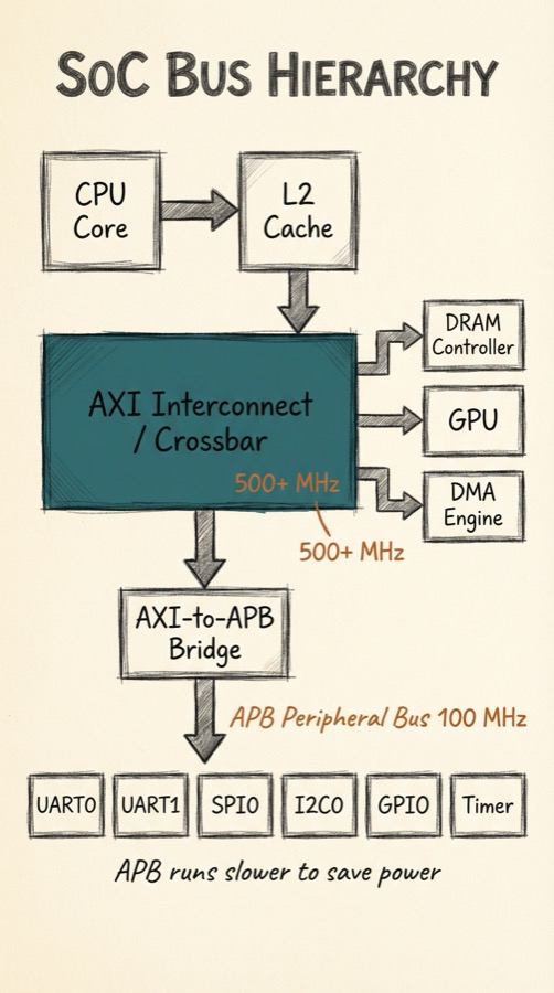 SoC bus hierarchy showing CPU core, L2 cache, AXI crossbar connecting to DRAM, GPU, DMA, and APB bridge leading to peripheral bus