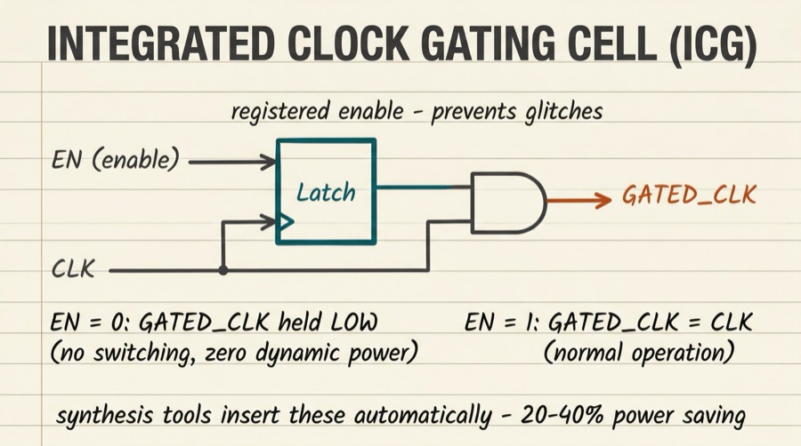 Integrated clock gating cell schematic showing EN input into a latch clocked by CLK, with the latch output ANDed with CLK to produce GATED_CLK, preventing glitches on enable transitions