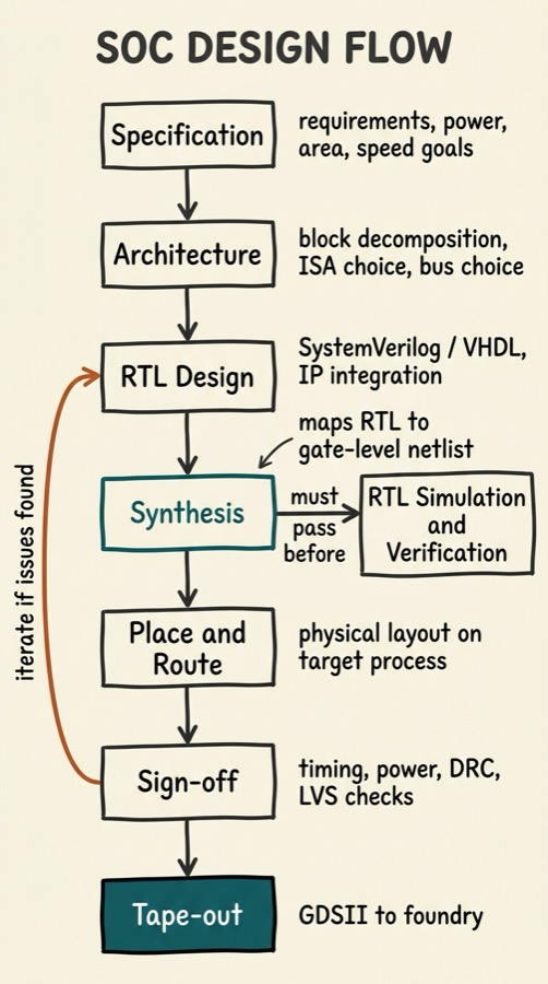 SoC design flow from Specification through Architecture, RTL Design, Synthesis, Place and Route, Sign-off to Tape-out, with RTL Simulation feeding into Synthesis and a feedback arrow showing iteration back to RTL Design.