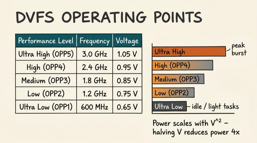 DVFS operating points table showing five performance levels from Ultra Low at 600 MHz / 0.65 V up to Ultra High at 3.0 GHz / 1.05 V