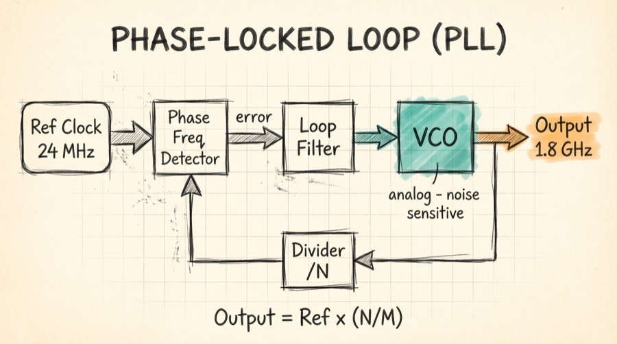PLL block diagram showing reference clock into phase/frequency detector, loop filter, VCO producing output, with feedback divider closing the loop