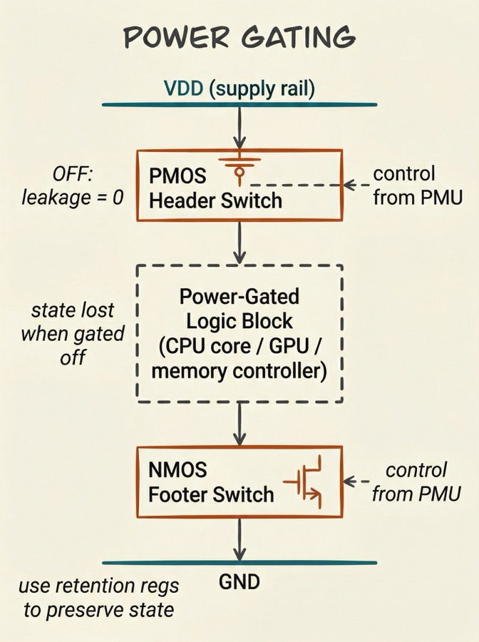 Power gating diagram showing VDD connected through a PMOS header switch to a virtual VDD rail supplying a logic block, with an NMOS footer switch to GND, both controlled by the PMU
