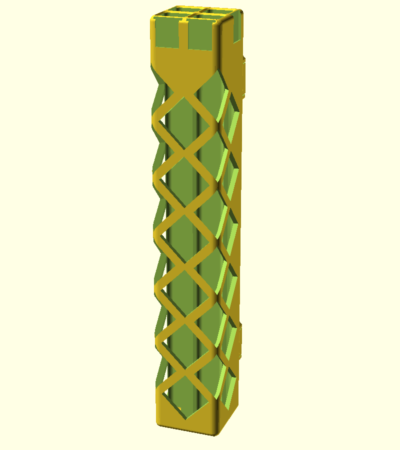 Tall square openGrid rod holder with a lattice of diamond windows running up the front and side walls, and four compartments visible at the top