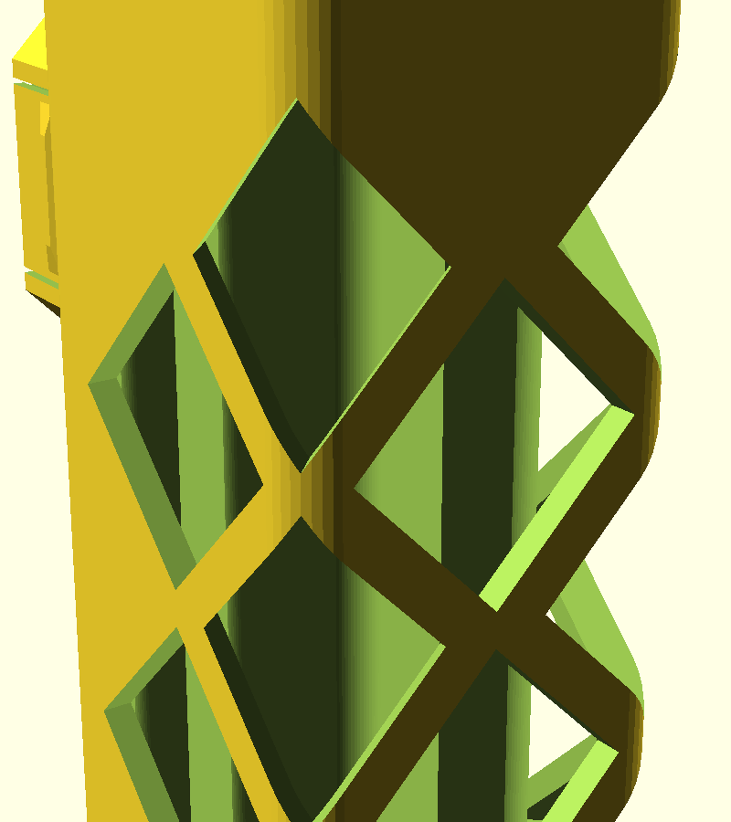 Top of the holder showing the rounded edges, the two front card pockets, a side card pocket and the top of the diamond lattice