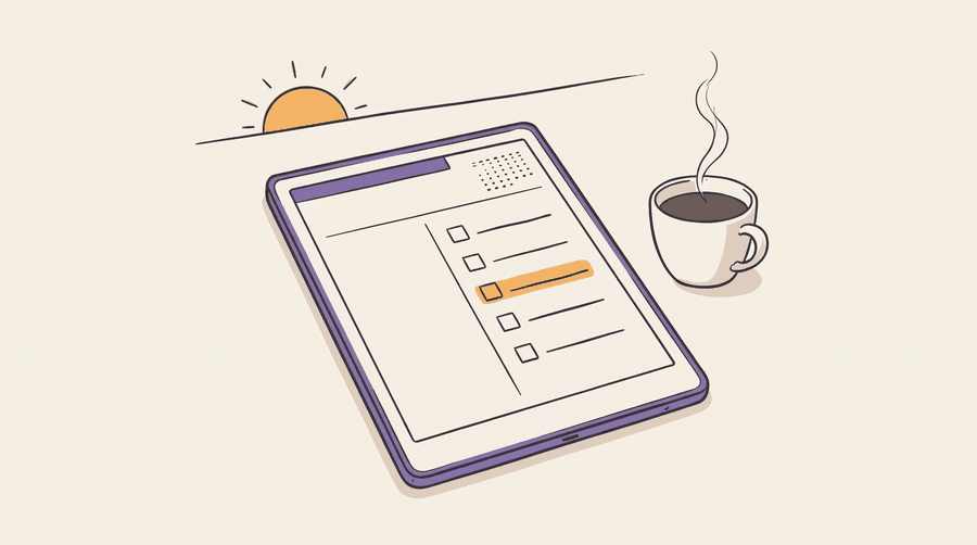 An e-ink tablet on a desk at sunrise beside a cup of coffee, showing a brief with a mini calendar and five checklist rows