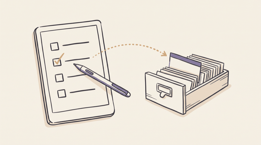 A stylus ticks the second checkbox on a tablet, and a dotted arrow carries the tick to one card lifted out of a card-index drawer