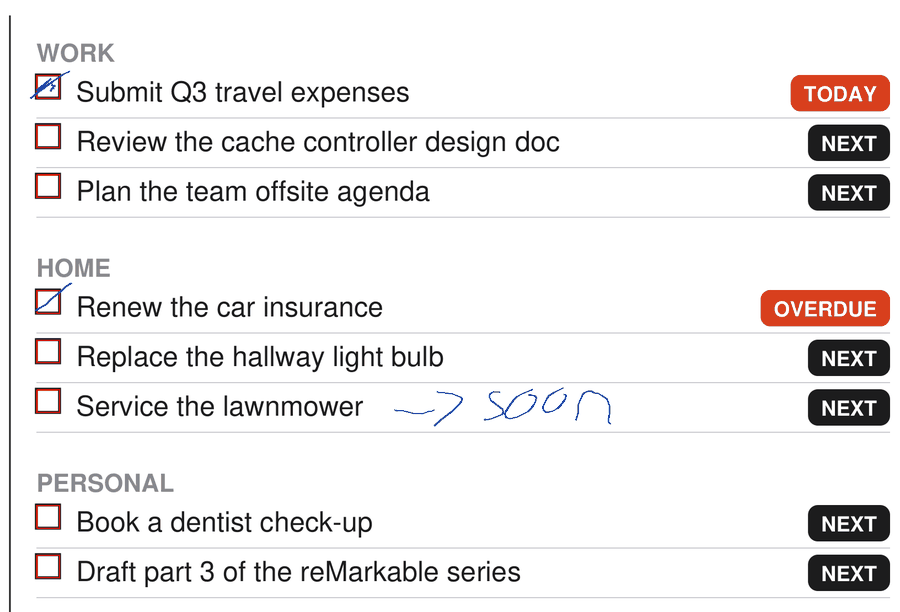 The task column of a brief with checkboxes outlined in red and the handwriting in blue: ticks inside the boxes for two tasks, and an arrow followed by the word soon beside a third