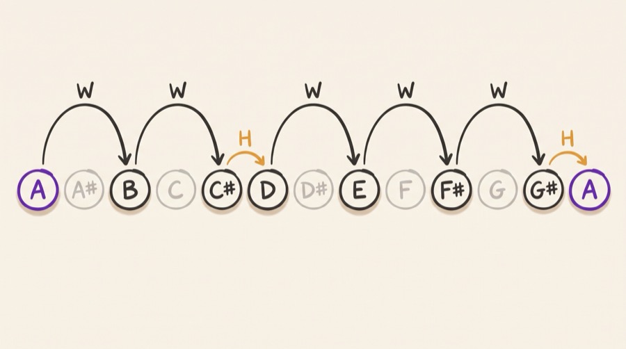 A major scale built from the W-W-H-W-W-W-H step formula