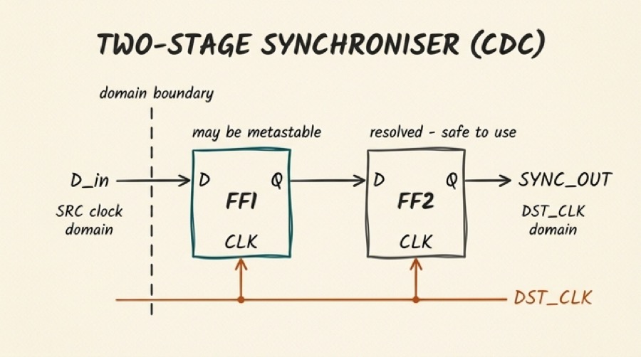 1-bit two-stage synchroniser schematic: D_in feeds FF1 (teal, may be metastable), FF1 Q feeds FF2, both clocked by DST_CLK, output is SYNC_OUT