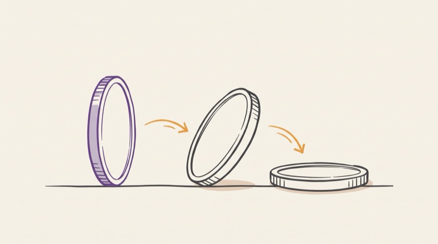 A coin landing on its edge and slowly toppling, shown as the balanced state a flip-flop enters when data arrives too close to a clock edge
