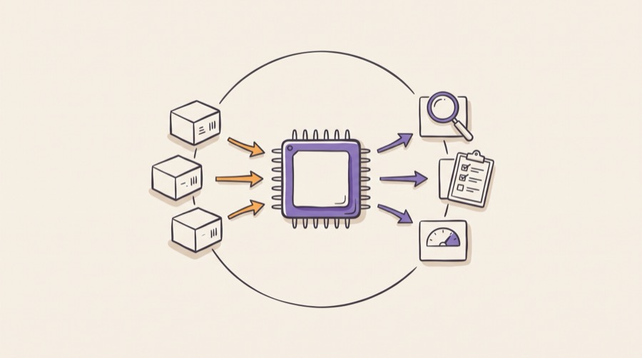 A verification environment around an SoC block: three stimulus sources feed the chip and three observers watch its outputs
