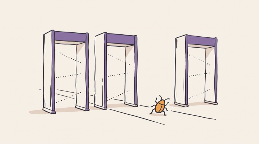 Three checkpoint gates in a row with a bug walking through the gap beside them, showing a defect that no checker covers