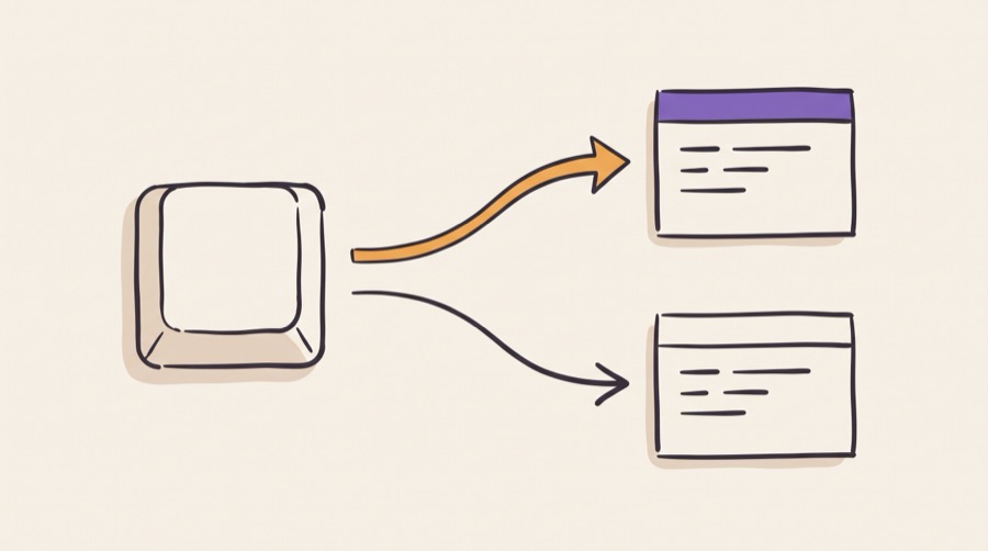 A blank keycap with two arrows leaving it: an amber arrow to a window with a purple title bar for the remote host, and a charcoal arrow to a plain window for the local machine