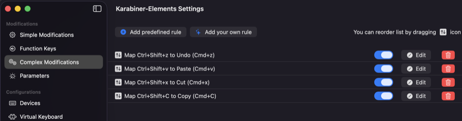 Karabiner-Elements: Ctrl-Shift rules applied to all apps except Exceed