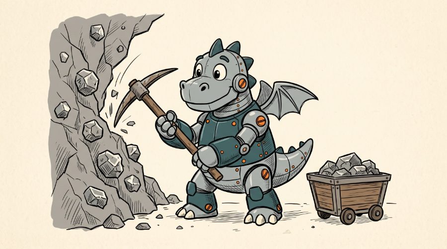 Ls the dragon mining ore from a rock face with a pickaxe, a cart of rubble beside it