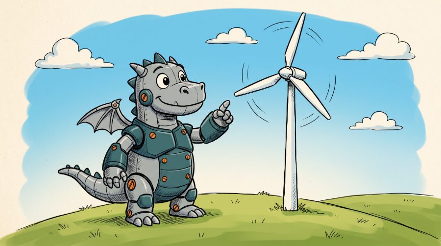 Ls the dragon on a green hill pointing at a spinning white wind turbine under a blue sky