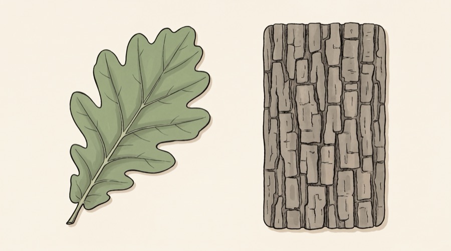 An oak leaf with rounded lobes beside a panel of grey brown oak bark fissured into short blocks
