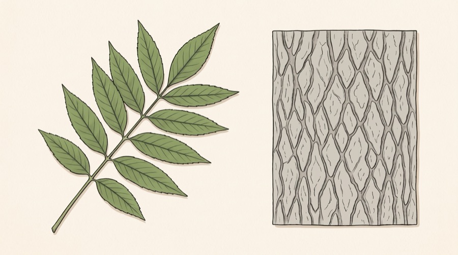 A pinnate ash leaf of paired toothed leaflets beside a panel of pale grey bark in a diamond lattice