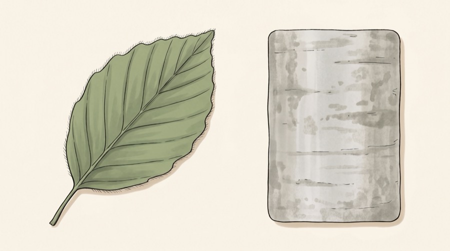 An oval beech leaf with a wavy margin beside a panel of smooth silvery grey beech bark