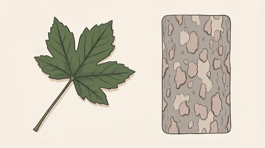 A five lobed sycamore leaf beside a panel of grey pink bark flaking into irregular plates