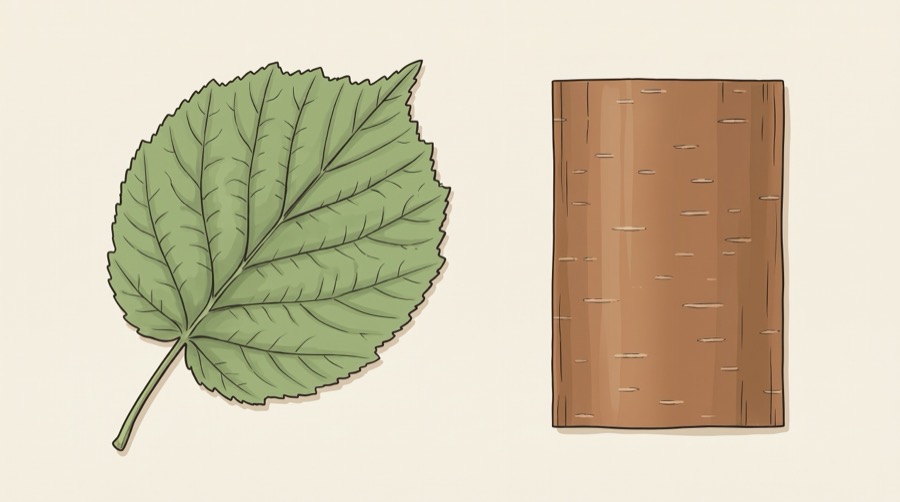 A round hazel leaf with an abrupt point beside a panel of smooth coppery bark with pale lenticels
