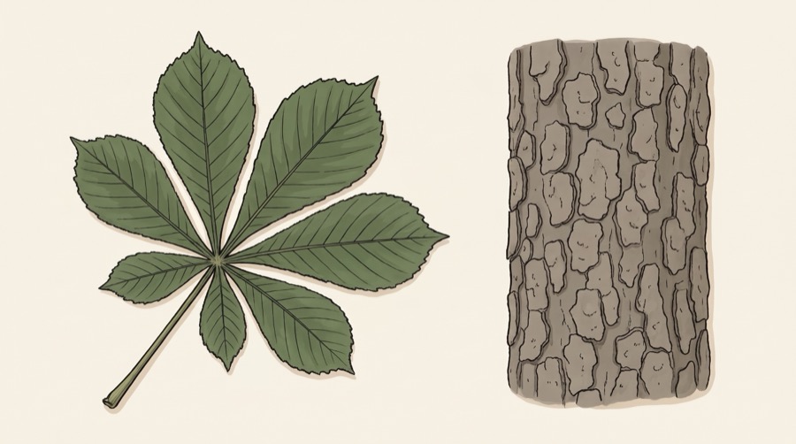 A palmate compound horse chestnut leaf of seven leaflets beside a panel of grey brown scaly bark