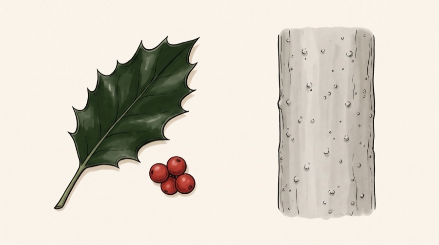 A spiny glossy holly leaf with red berries beside a panel of smooth pale grey bark with warty bumps