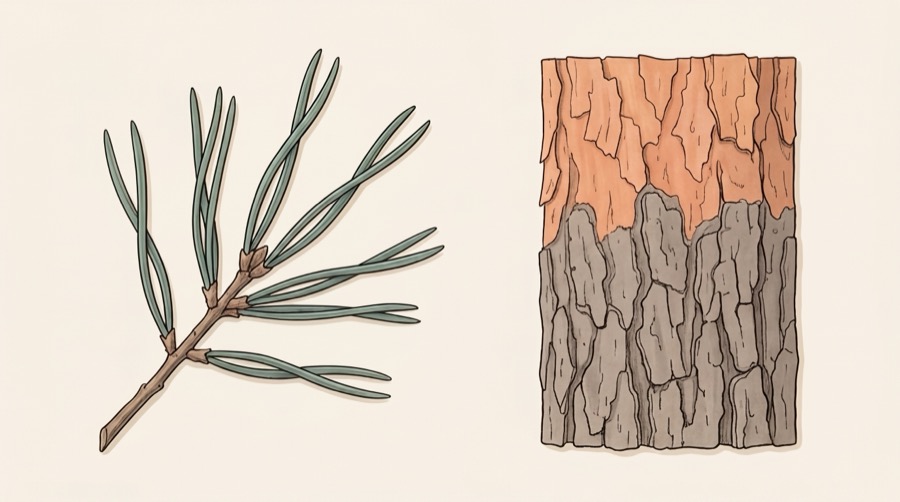 A Scots pine shoot with needles in pairs beside a bark panel that is orange and papery above and grey and fissured below