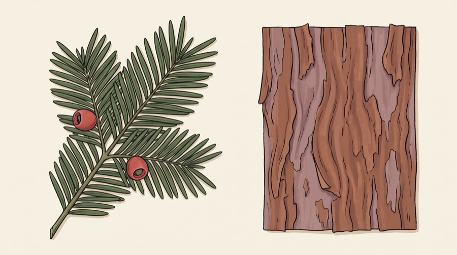 A flat yew spray with needles in two ranks and red arils beside a panel of red brown flaking bark