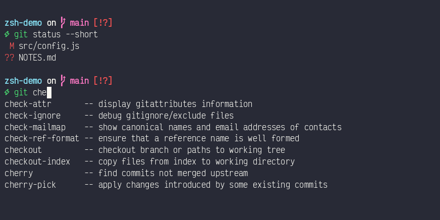 Zsh completion menu listing git subcommands with descriptions