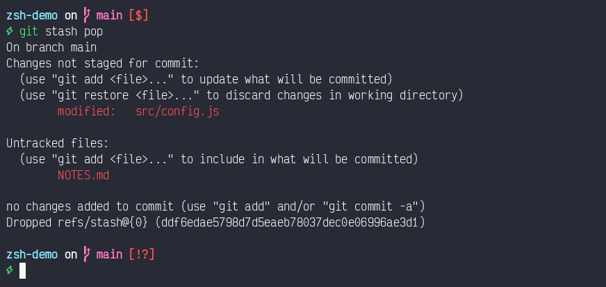Spaceship prompt showing the Git section change as the working tree changes
